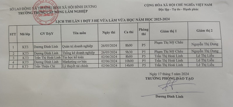Lịch thi các lớp VLVH lần 1 đợt 3 năm học 2023-2024